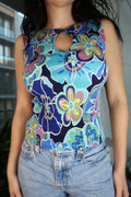 Vintage 2000s Blue Floral Crepe Top