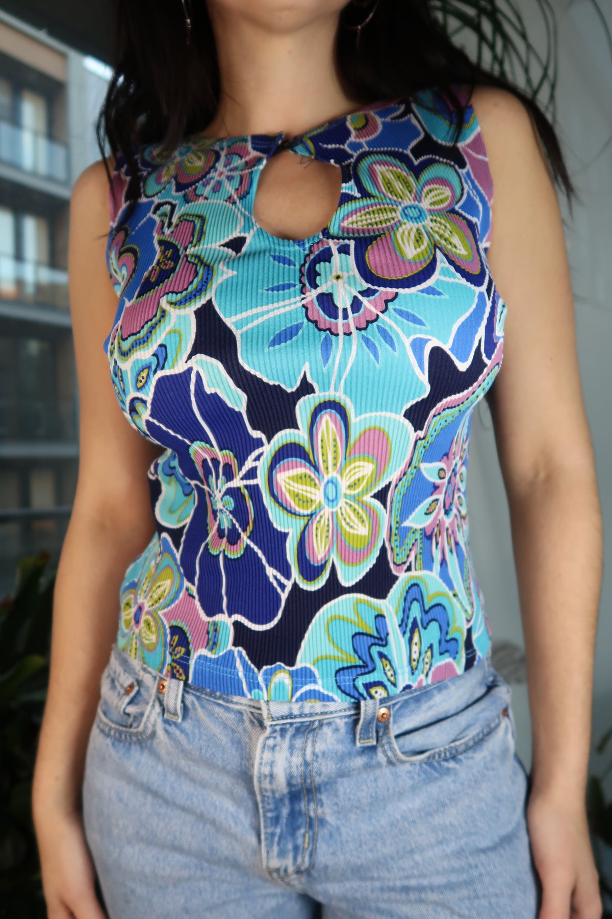 Vintage 2000s Blue Floral Crepe Top