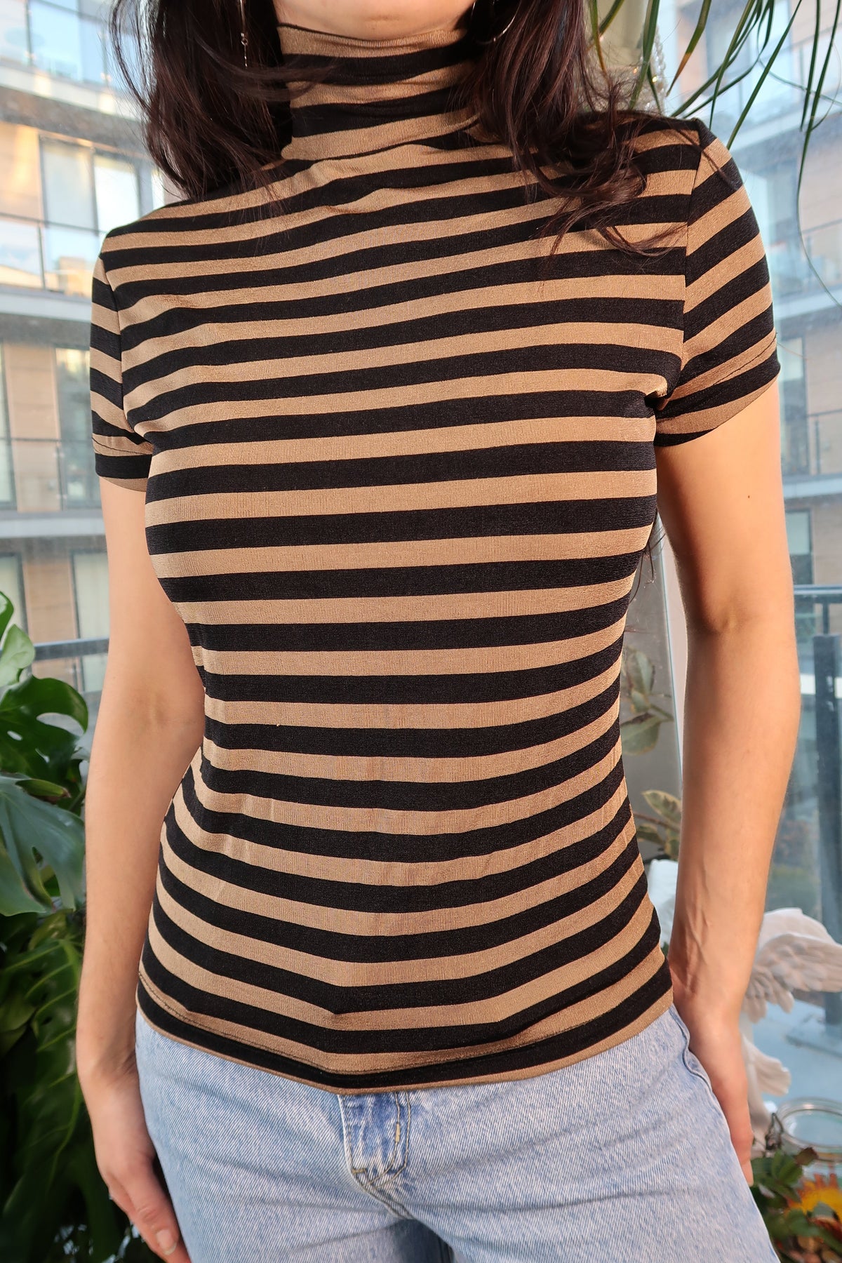 Vintage Slinky Tan and Black Striped Mockneck Top