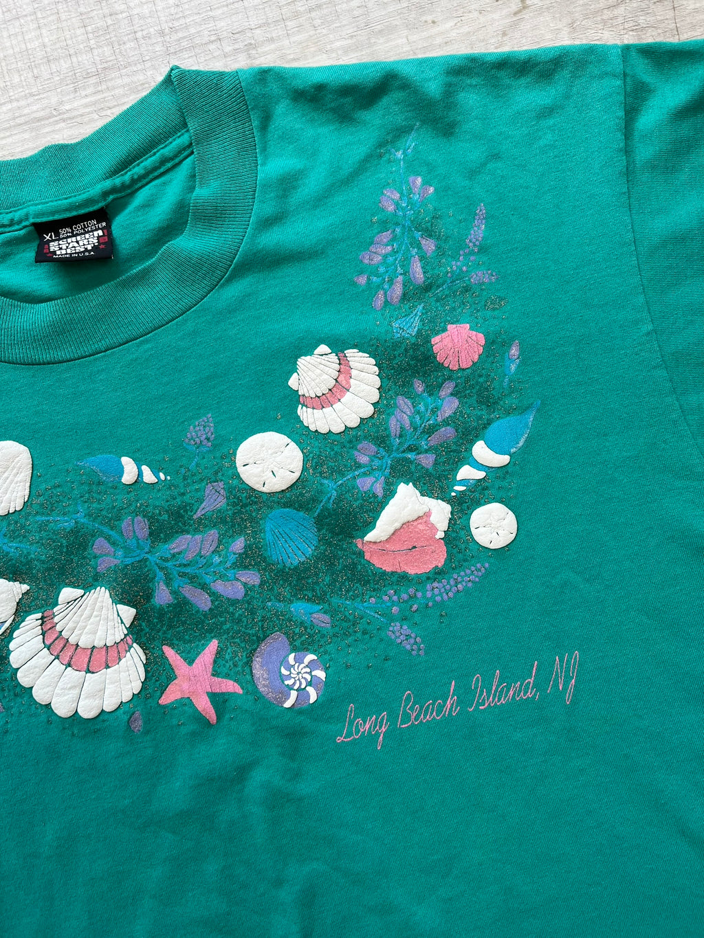 Long Beach Island Seashell Graphic Tee - Vibrant Teal Beach Souvenir Tee by Screen Stars Best - Elektra Vintage
