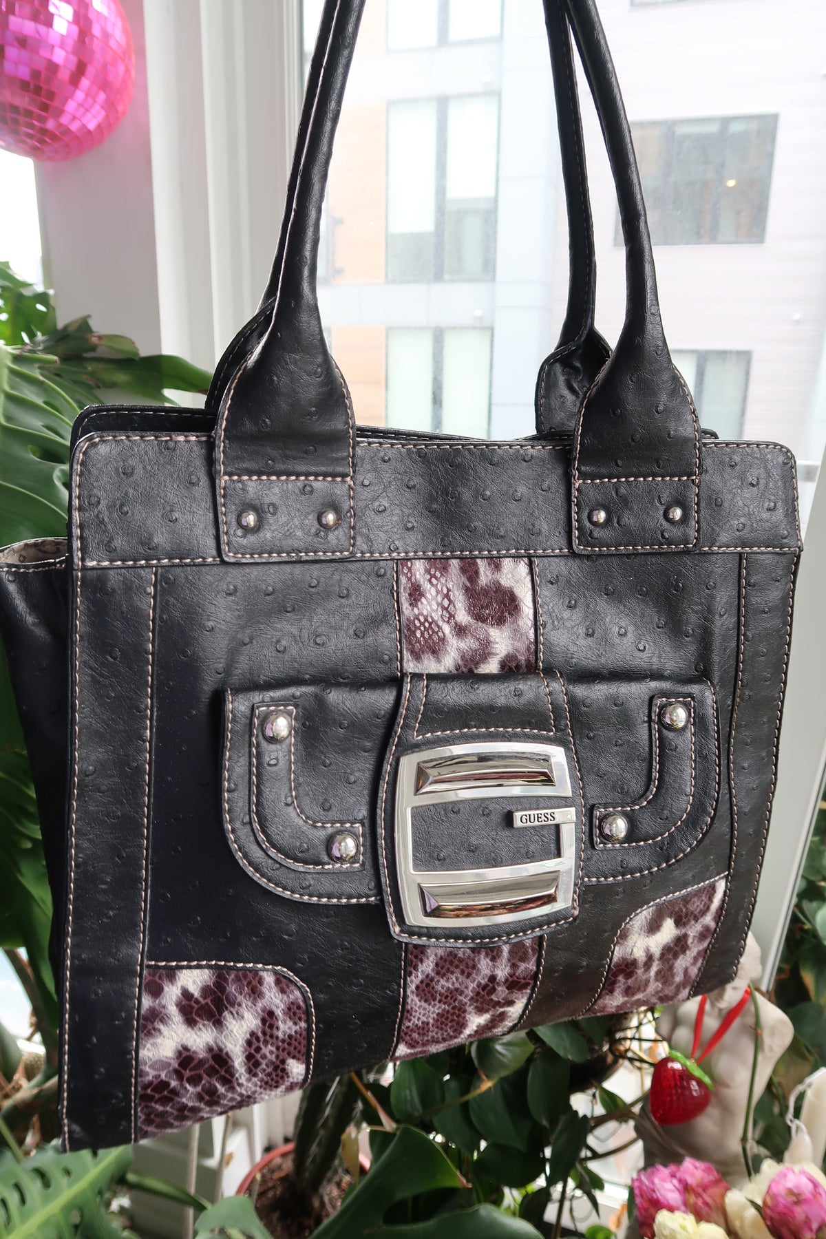 Vintage 2000s Guess snakeskin tote bag by Elektra Vintage with bold pattern and sturdy handles, perfect for stylish everyday use.