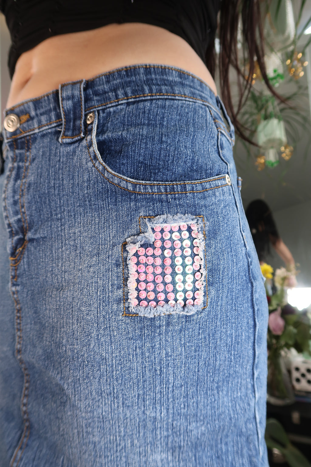 Vintage Sequin Patches Denim Skirt - Elektra Vintage