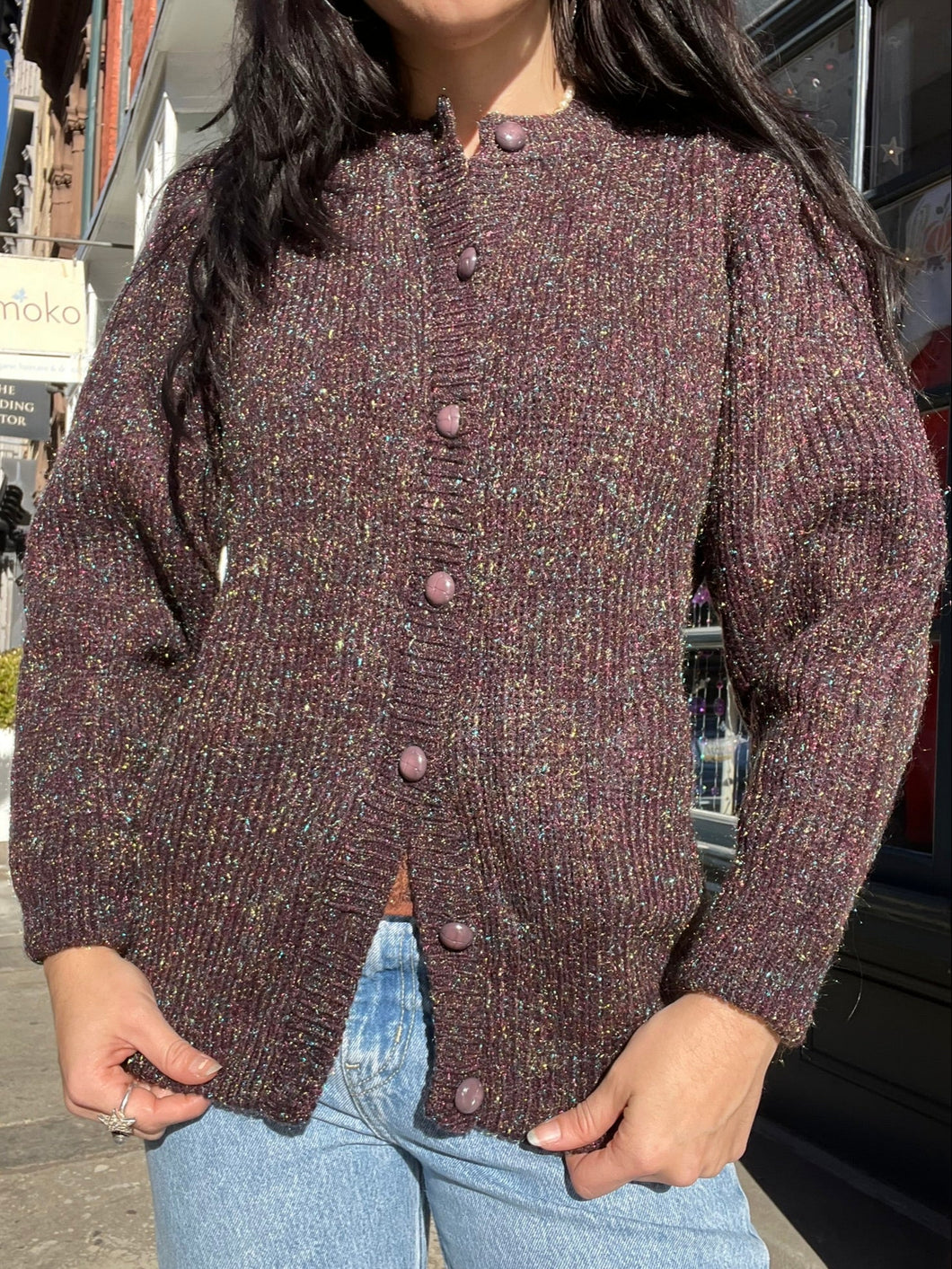 Vintage Plum Metallic Knit Cardigan