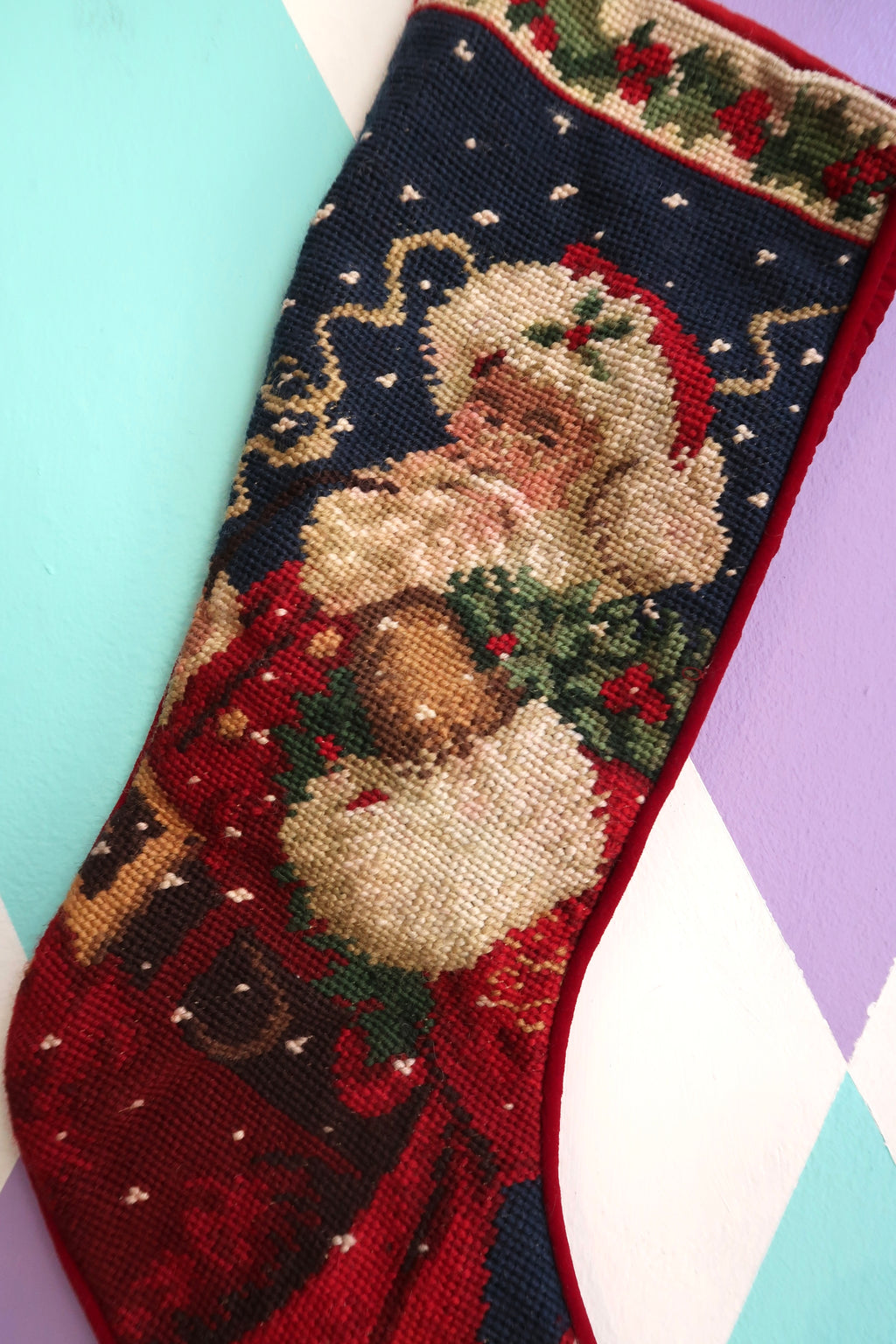 Vintage Needlepoint Santa Christmas Stocking