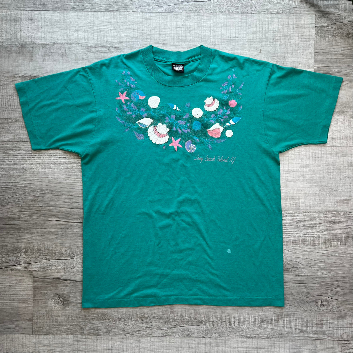 Long Beach Island Seashell Graphic Tee - Vibrant Teal Beach Souvenir Tee by Screen Stars Best - Elektra Vintage