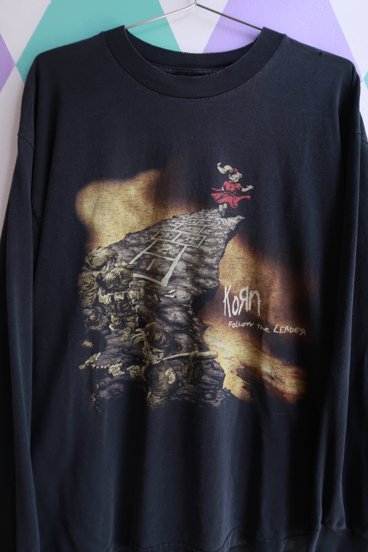 Vintage 1998 Korn “Follow the Leader” graphic long sleeve T-shirt for men, black band tee by Elektra Vintage.