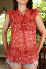 Load image into Gallery viewer, Elektra Vintage women's sleeveless blouse with red polka dots, ruffle details, and a vintage Y2K-inspired style.
