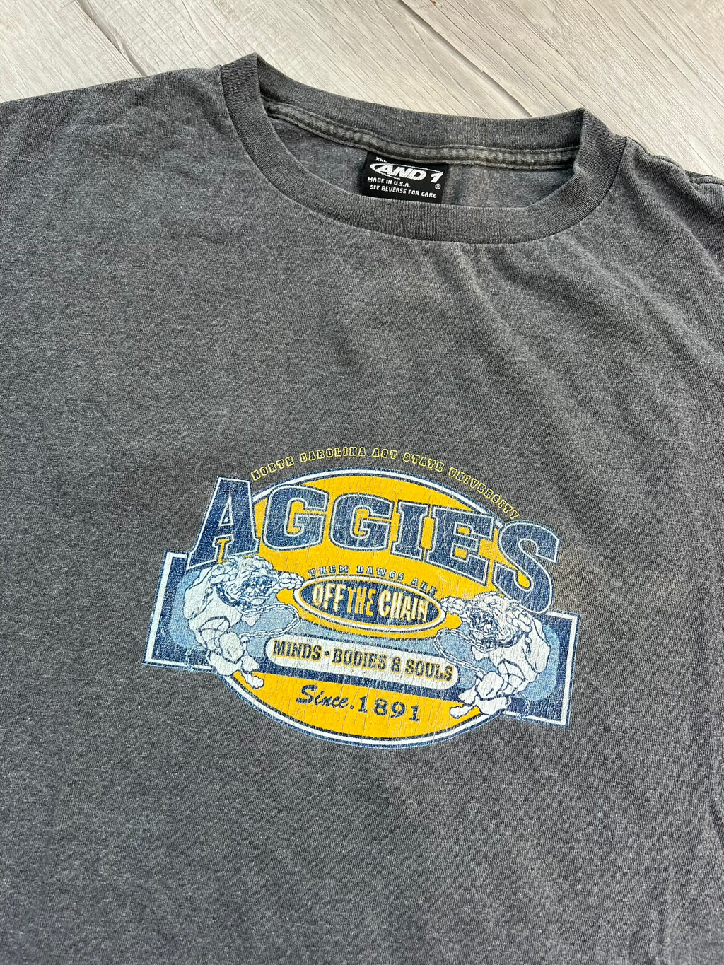 Vintage NC A&T Aggies graphic T-shirt by Elektra Vintage showing a retro university logo design on soft cotton fabric.