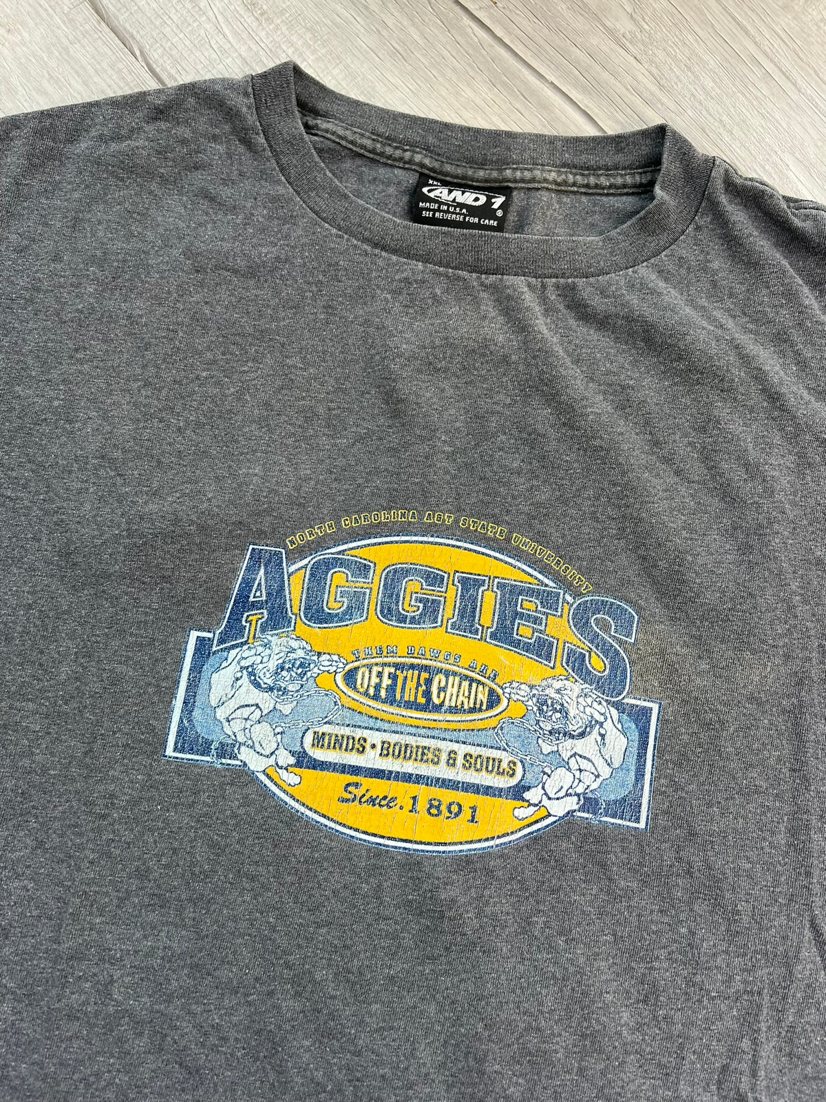Vintage NC A&T Aggies graphic T-shirt by Elektra Vintage showing a retro university logo design on soft cotton fabric.