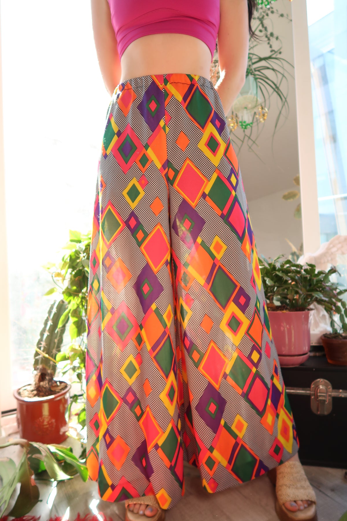 Vintage 1970s Multicolor Harlequin Wide Bell Bottom Pants
