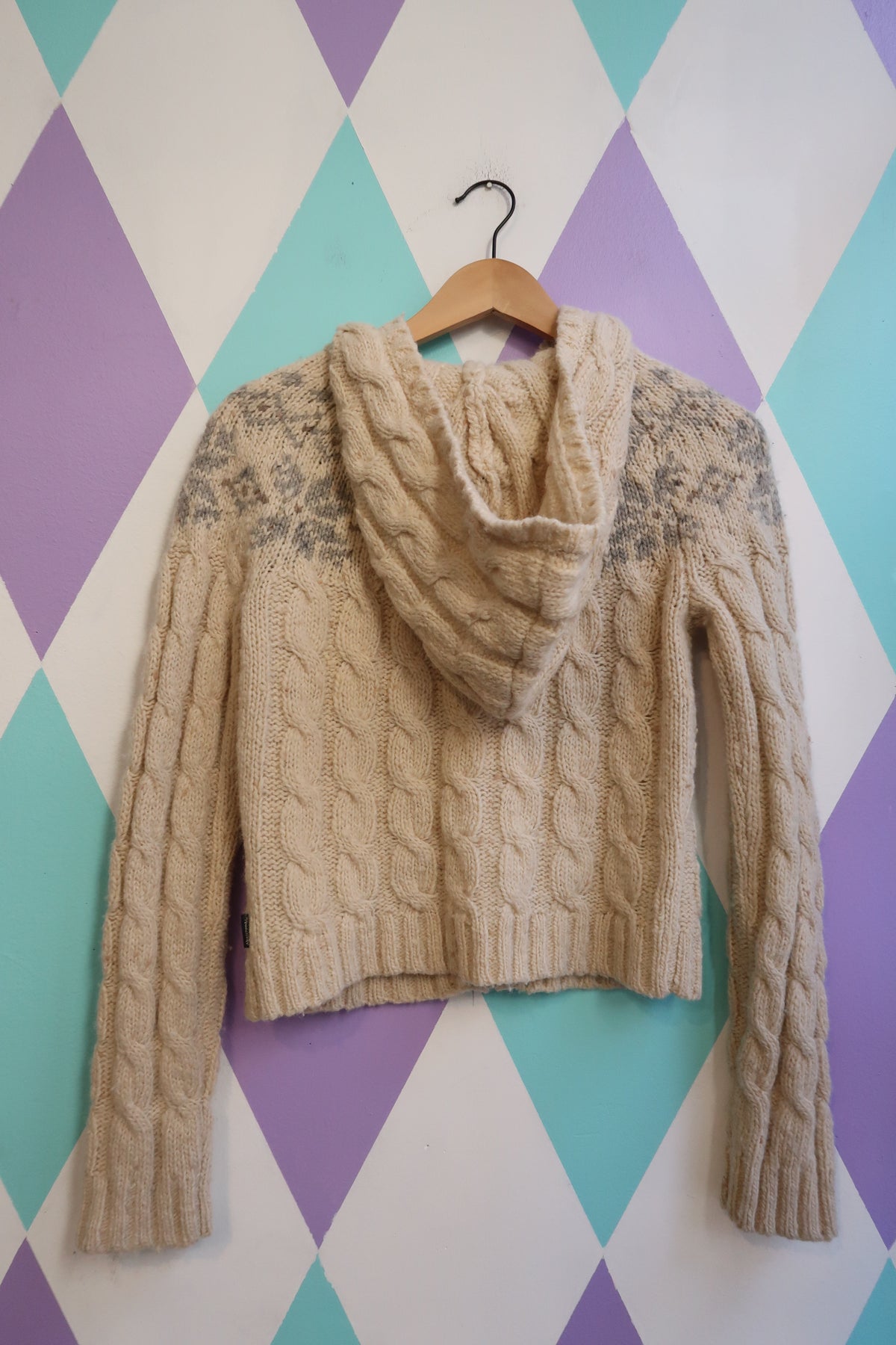 Vintage Abercrombie & Fitch 100% Wool Cable Knit Hoodie – Cream Nordic Fair Isle