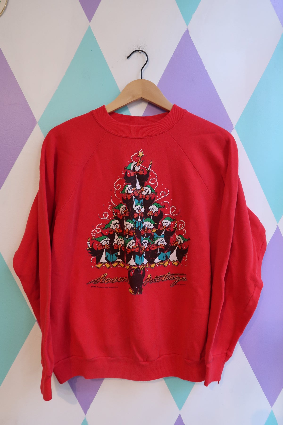Vintage 90s Penguin Christmas Tree Sweatshirt – Red Holiday Crewneck