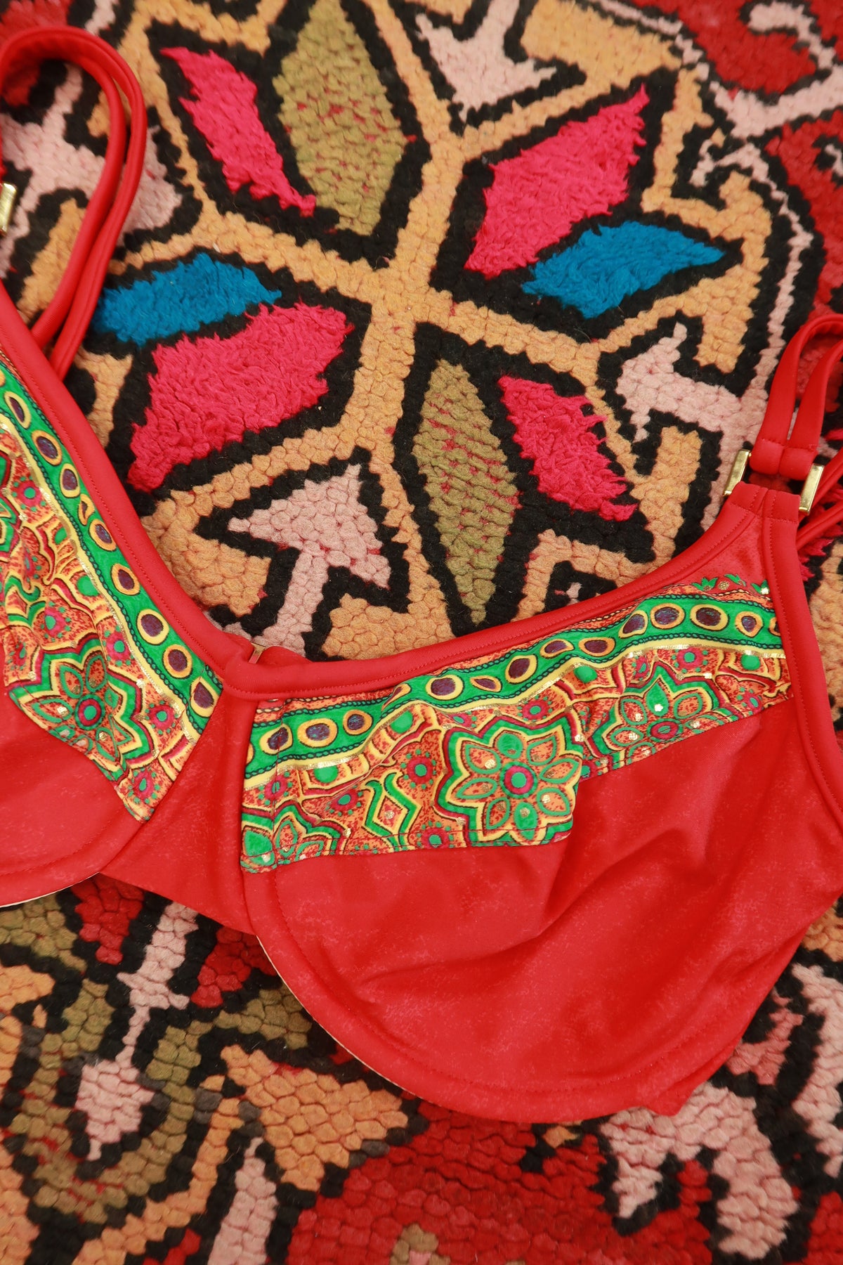 Vintage 90s red boho print underwire bikini top for women by Elektra Vintage, featuring vibrant boho-inspired design and supportive underwire