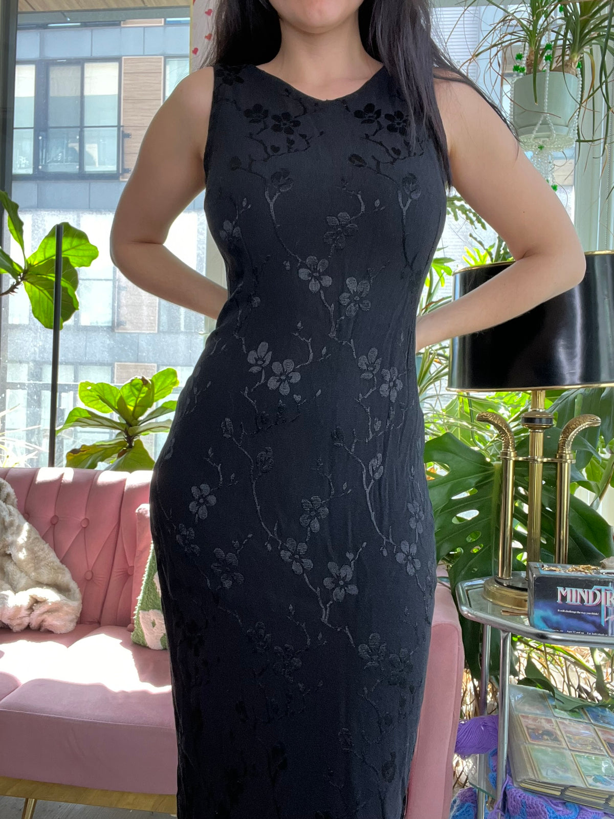 90s Vintage Monochrome Floral Midi Dress - Elektra Vintage