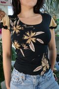 Vintage Black and Beige Tropical Flower Top with Lettuce Trim by Womanly - Elektra Vintage