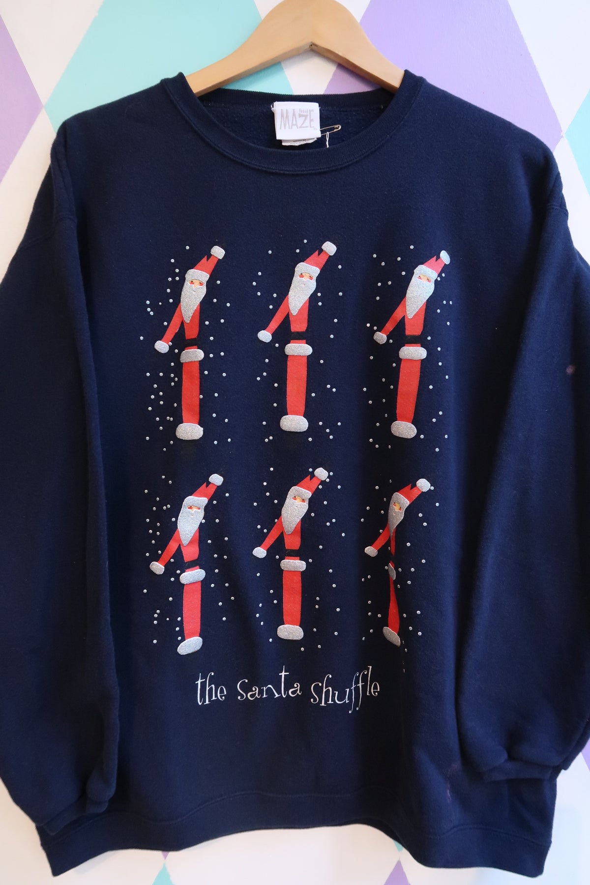 Vintage 90s “The Santa Shuffle” Christmas Sweatshirt – Navy Holiday Graphic