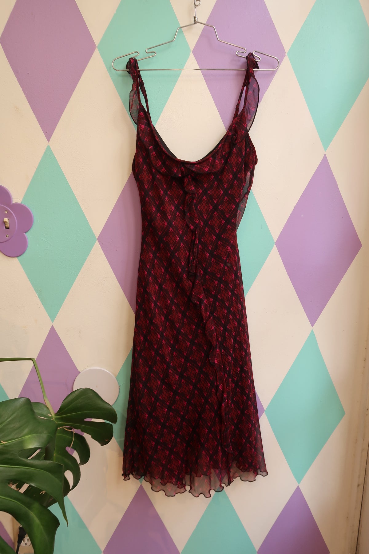 NWT Vintage Betsey Johnson 100% Silk Red Black Geometric Silk Dress with Ruffles
