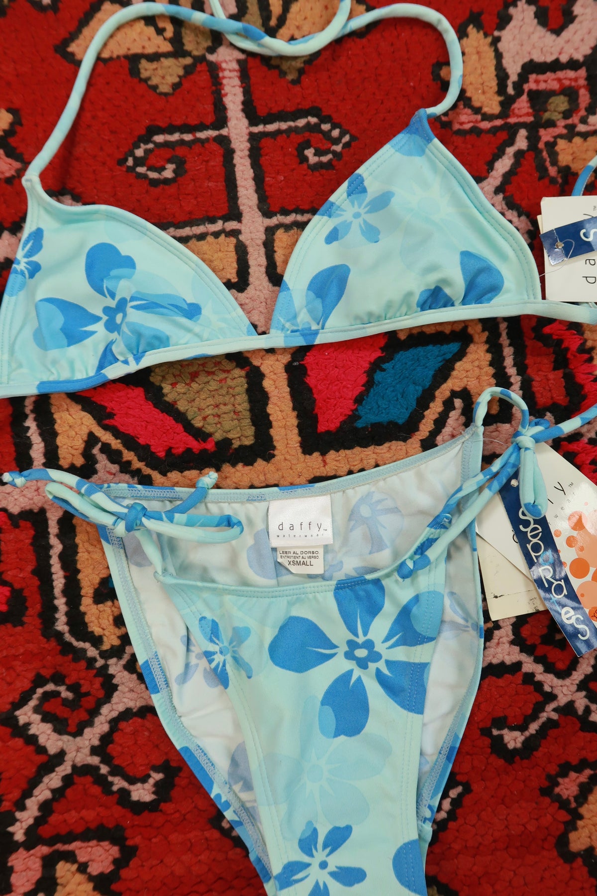 Vintage 2000s Elektra Blue Floral Triangle Bikini Set with matching bottoms, retro summer swimwear for women.