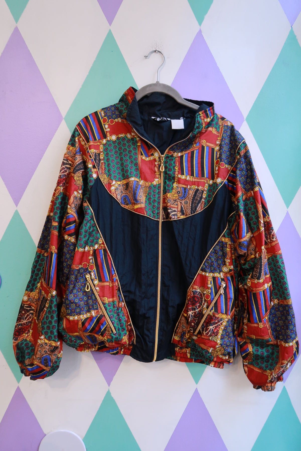Vintage 90s Baroque Print Colorblock Windbreaker Jacket