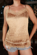 Load image into Gallery viewer, Vintage Y2K gold crinkle satin lace cami top for women, featuring delicate lace details and a shiny satin finish by Elektra Vintage
