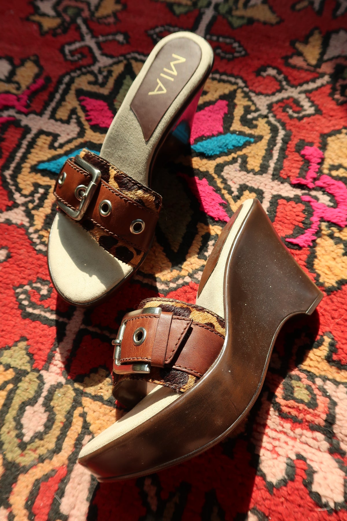 Y2K MIA Leopard Pony Hair Wedge Sandals – Brown Platform Buckle Slides