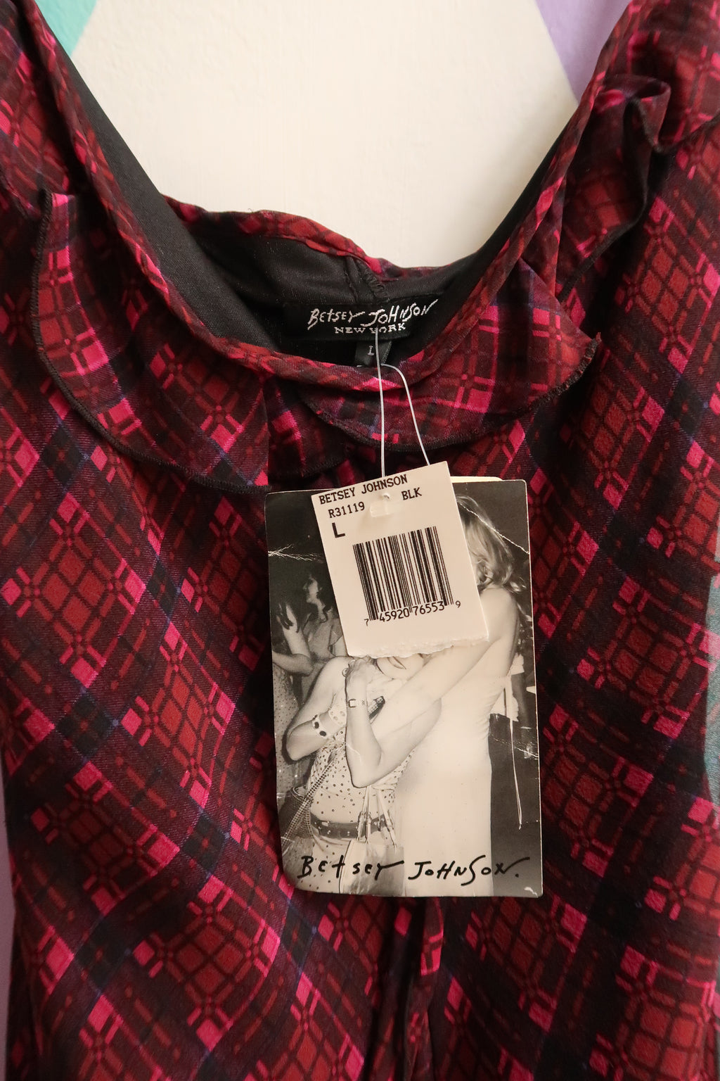 NWT Vintage Betsey Johnson 100% Silk Red Black Geometric Silk Dress with Ruffles