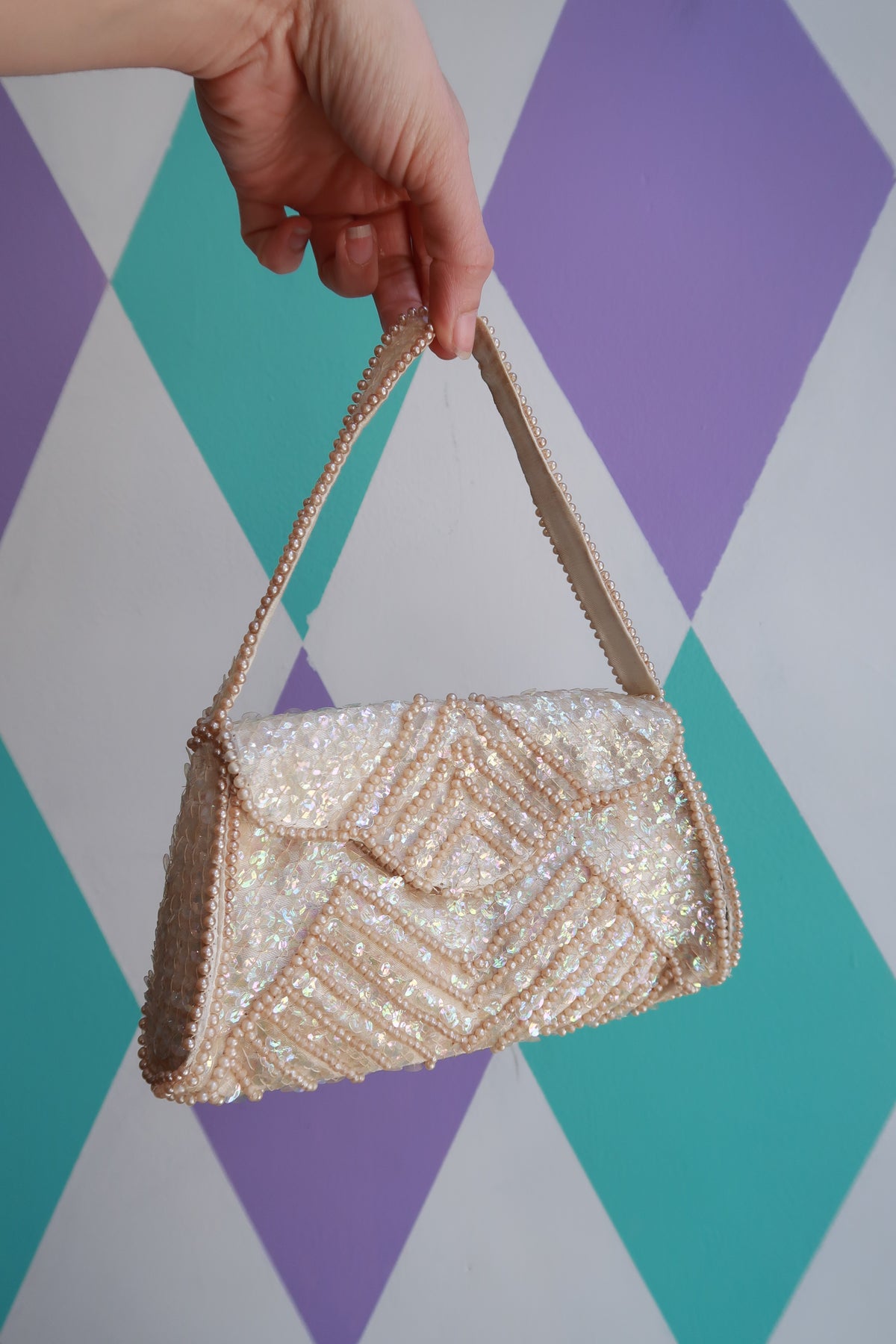 Elektra Vintage ivory beaded sequin pearl mini handbag with iridescent finish, bridal clutch shoulder bag, made in Japan