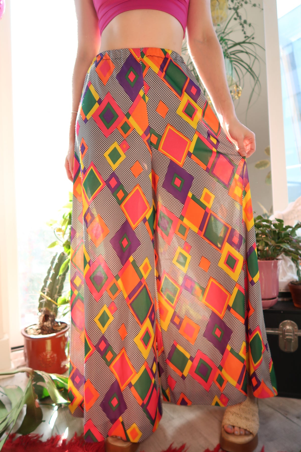 Vintage 1970s Multicolor Harlequin Wide Bell Bottom Pants