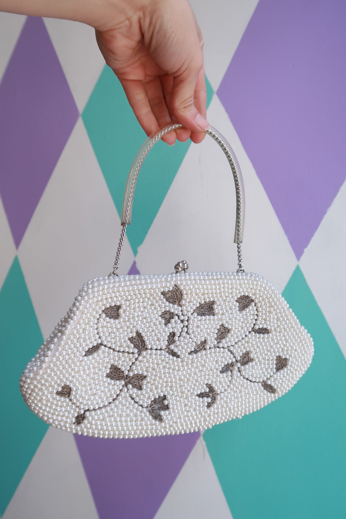 Vintage Beaded Pearl Handbag – Silver Floral Embellished Top Handle Bridal Evening Bag
