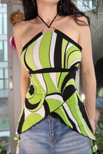 Load image into Gallery viewer, Y2K Vintage Psychedelic Halter Top – Green &amp; Black Abstract Ring Detail
