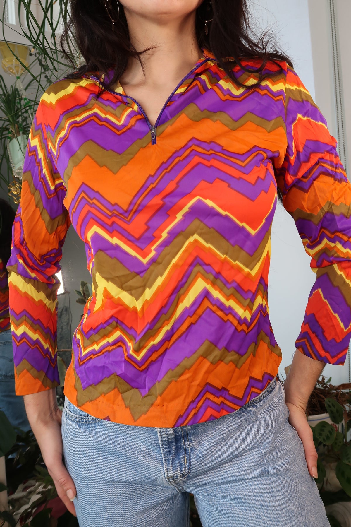 Vintage 70s Orange and Purple Funky Pattern Quarter Zip