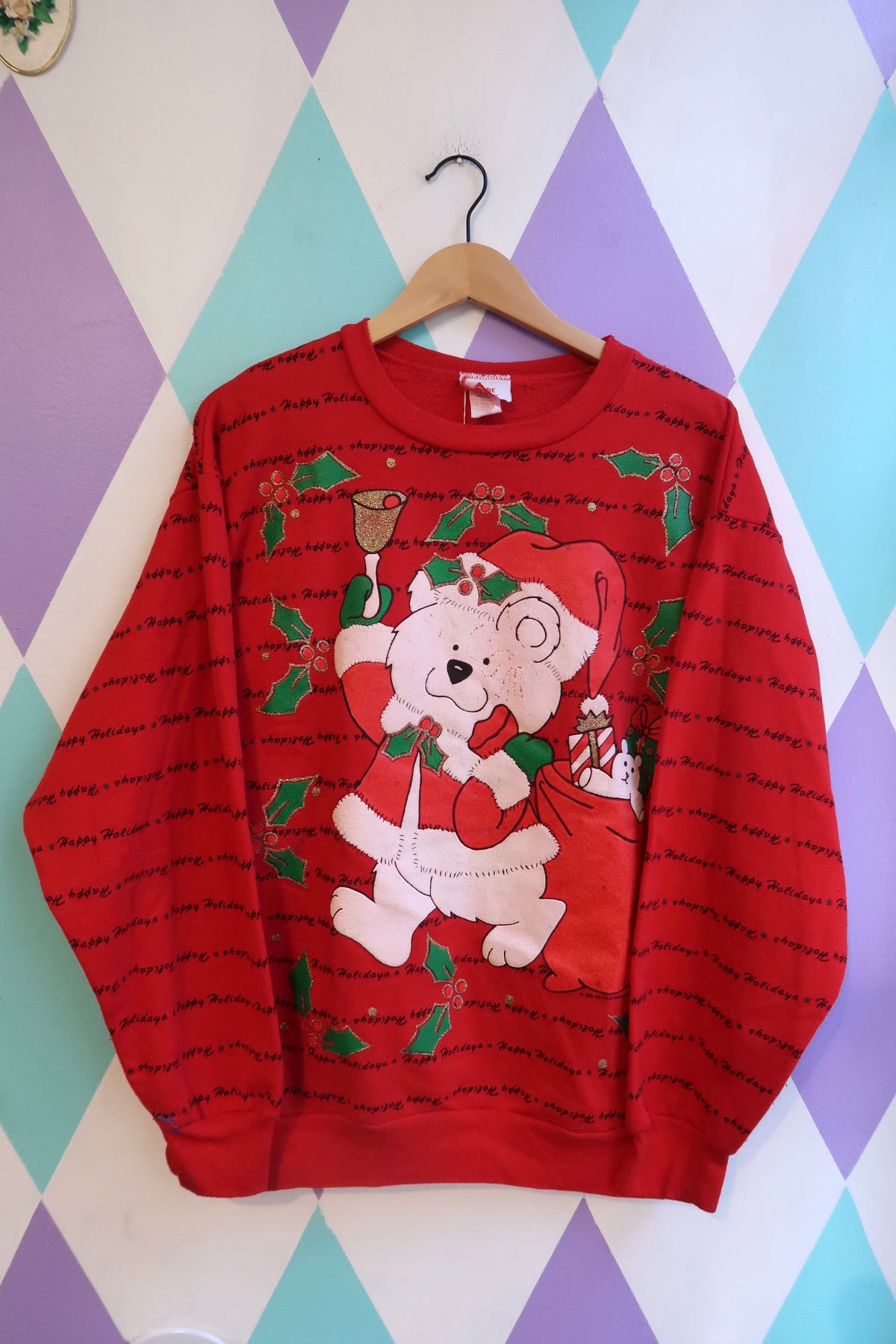 Vintage 80s “Happy Holidays” Bear Christmas Sweatshirt – Glitter Accents