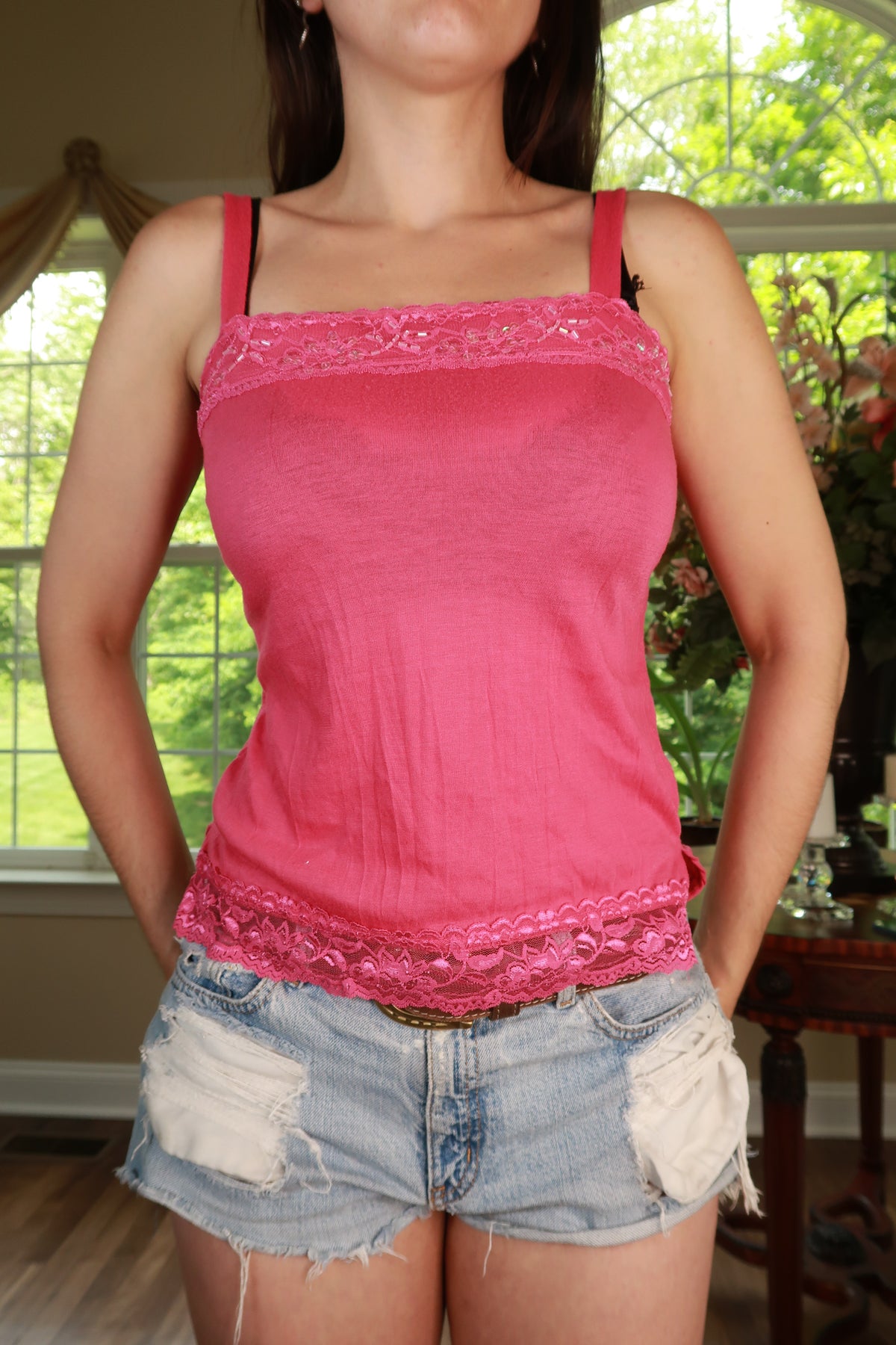 Pink beaded lace trim cami tank top for women by Elektra Vintage, featuring vintage Y2K style and delicate lace details.