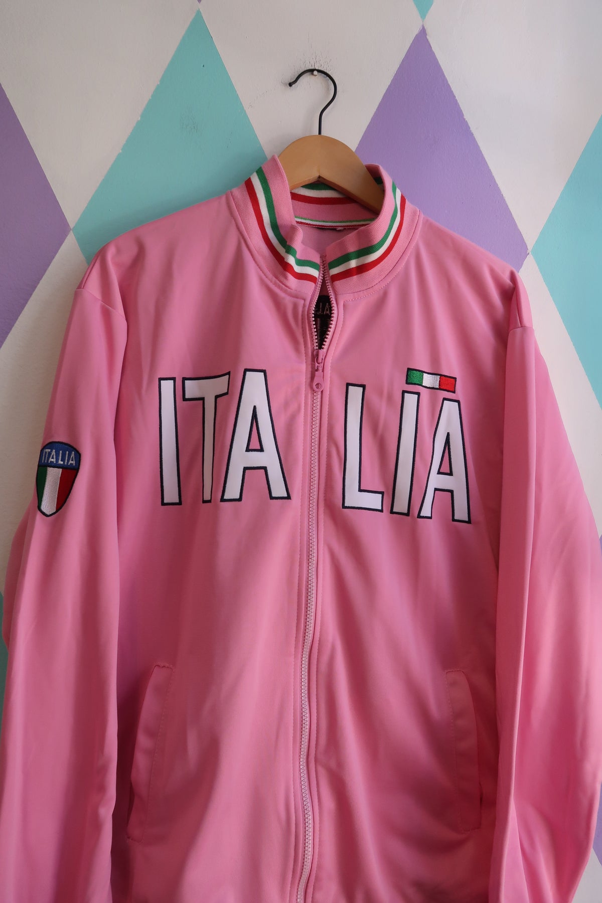 Vintage 2000s Italia Track Jacket – Pink Zip-Up with Flag Trim - Elektra Vintage