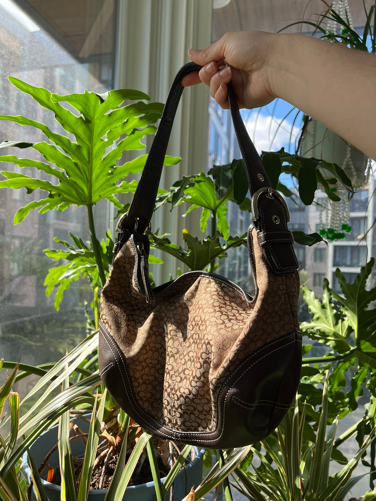 2000s Vintage Coach Canvas Monogram Shoulder Bag - Elektra Vintage