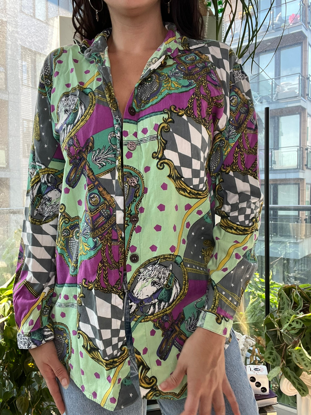 Elektra Vintage women's long sleeve button-up top with vintage horse-themed pattern, featuring a classic collar and button front.