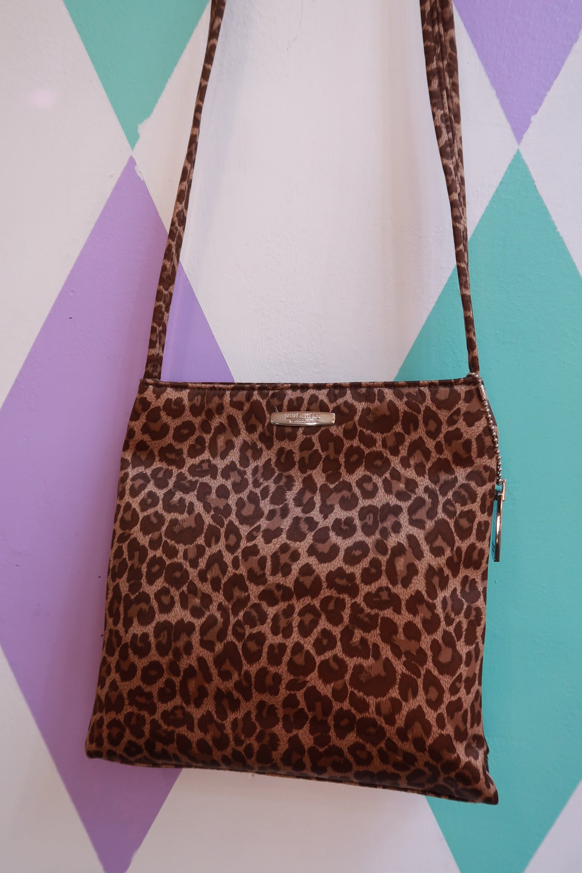 Vintage Nine West leopard print mini crossbody bag by Elektra Vintage, Y2K shoulder purse with bold animal pattern.