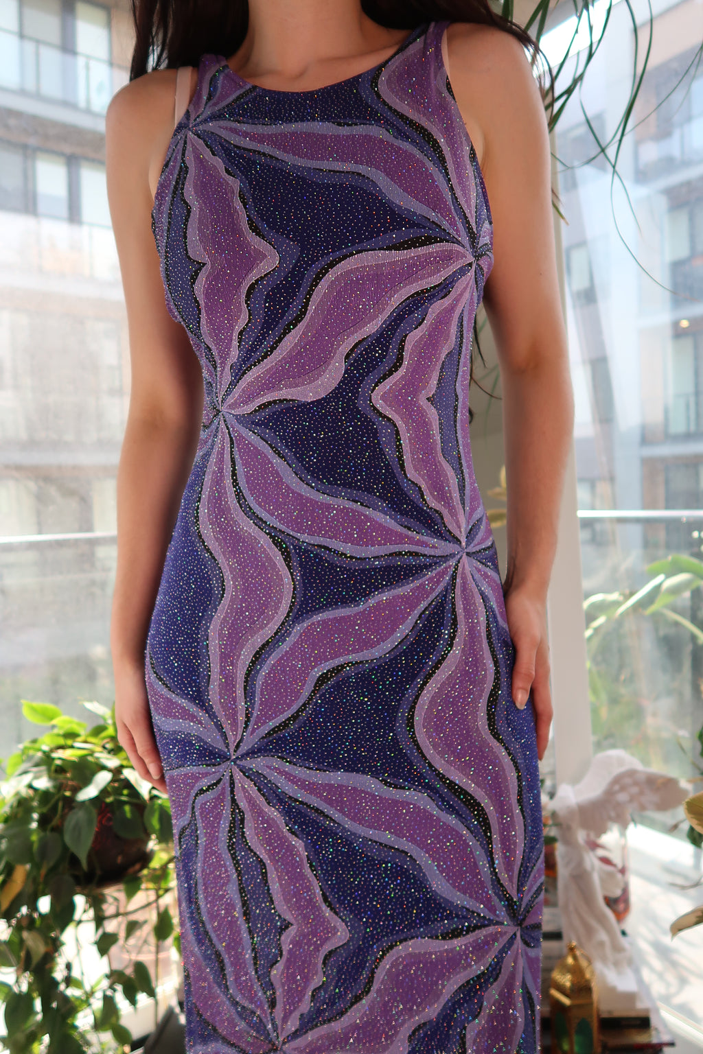 Vintage Cache Purple Glitter Evening Gown - Purple Floral Wedding Guest Dress