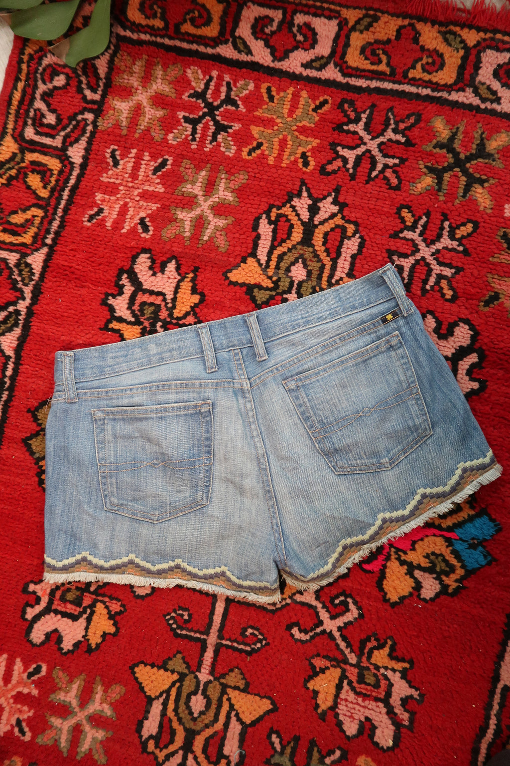 Vintage Lucky Brand low rise denim shorts with embroidered hem, women's casual bottoms, Elektra Vintage style.