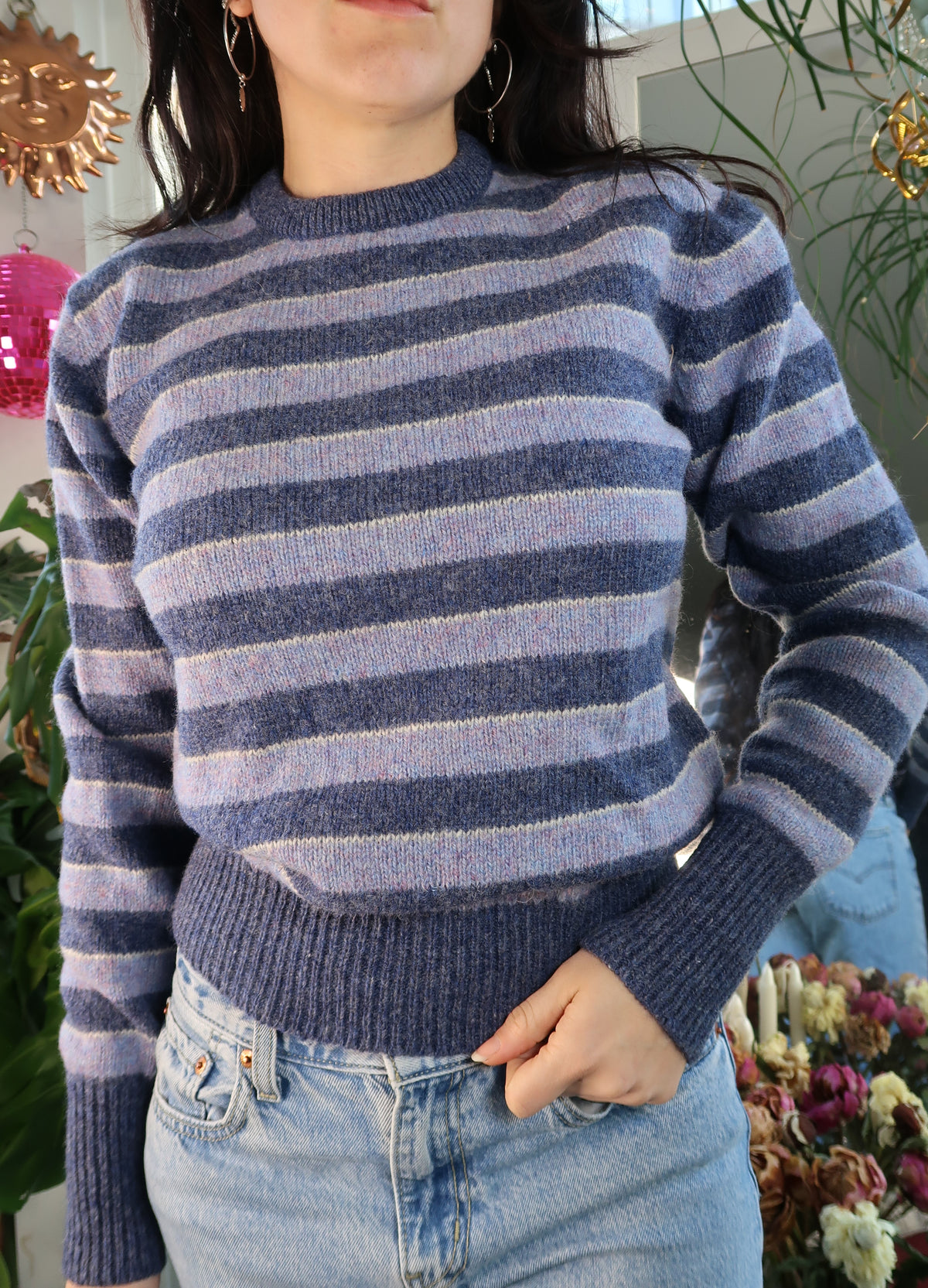 Vintage 90s Blue Striped Wool Knit Sweater