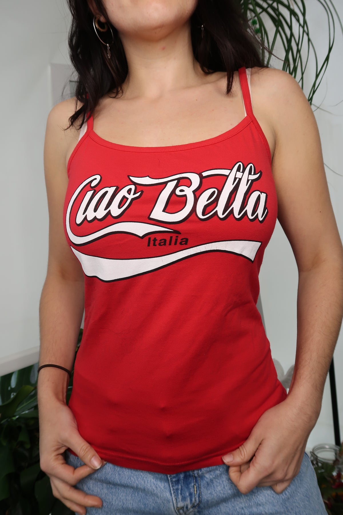 Women’s Deadstock Cherry Red Ciao Bella graphic tank top by Elektra Vintage, featuring a bold vintage-inspired design.