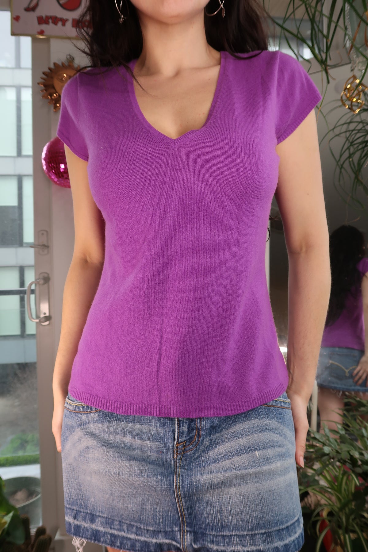 Vintage 2000s Express Purple Cashmere Short Sleeve Sweater
