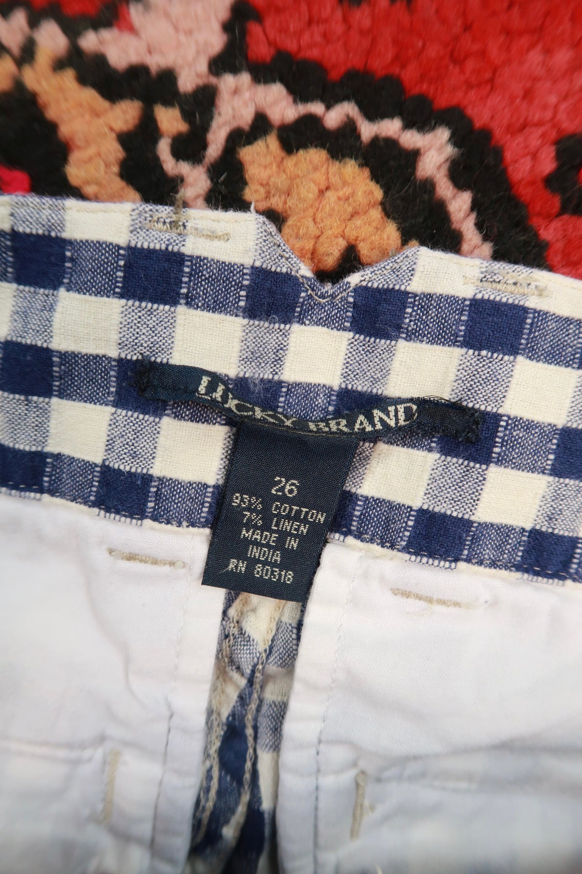 Vintage 2000s Lucky Brand navy blue gingham linen blend women's shorts, casual and stylish, from Elektra Vintage.