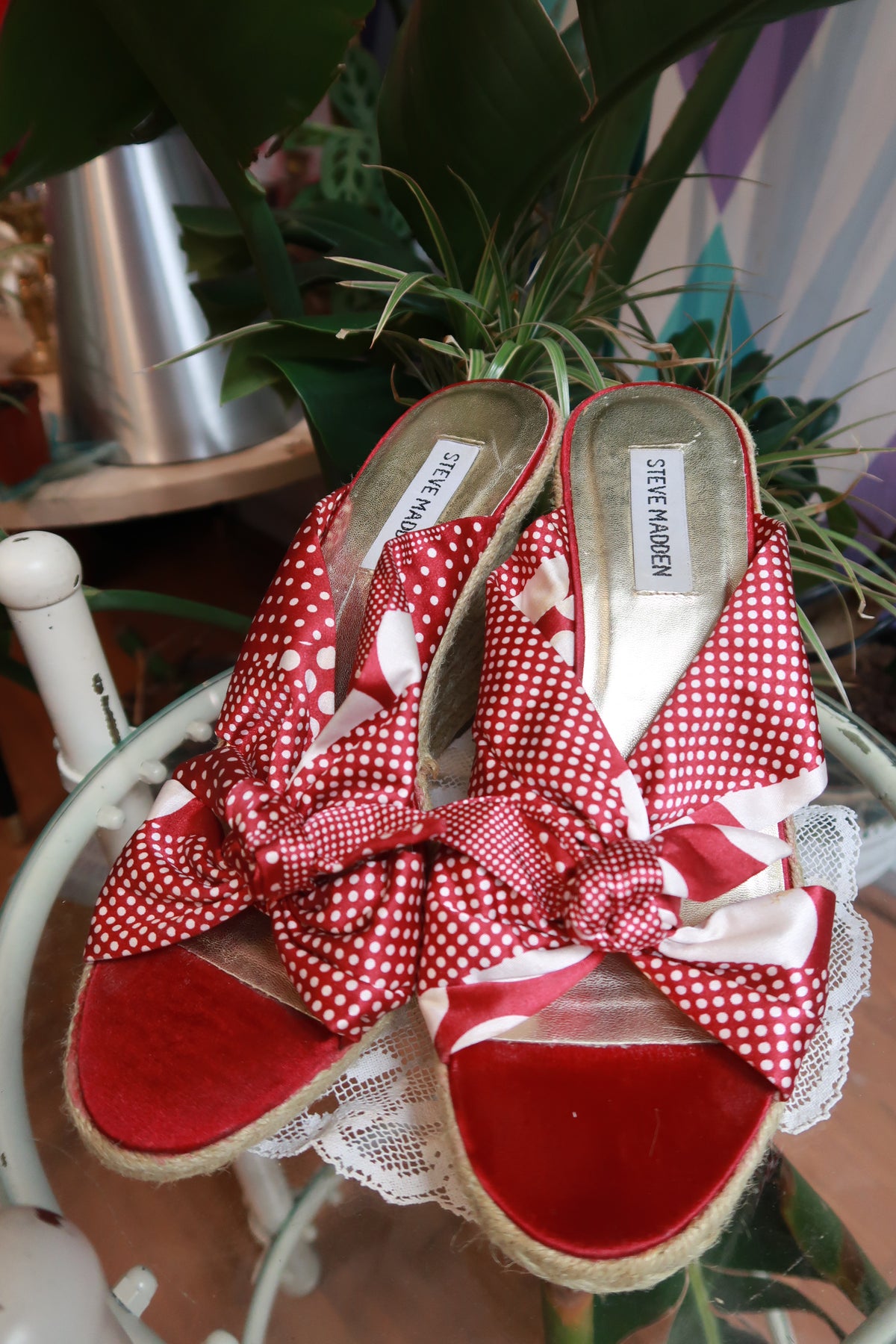 Vintage Y2K Steve Madden Red Polka Dot Bow Espadrille Wedges