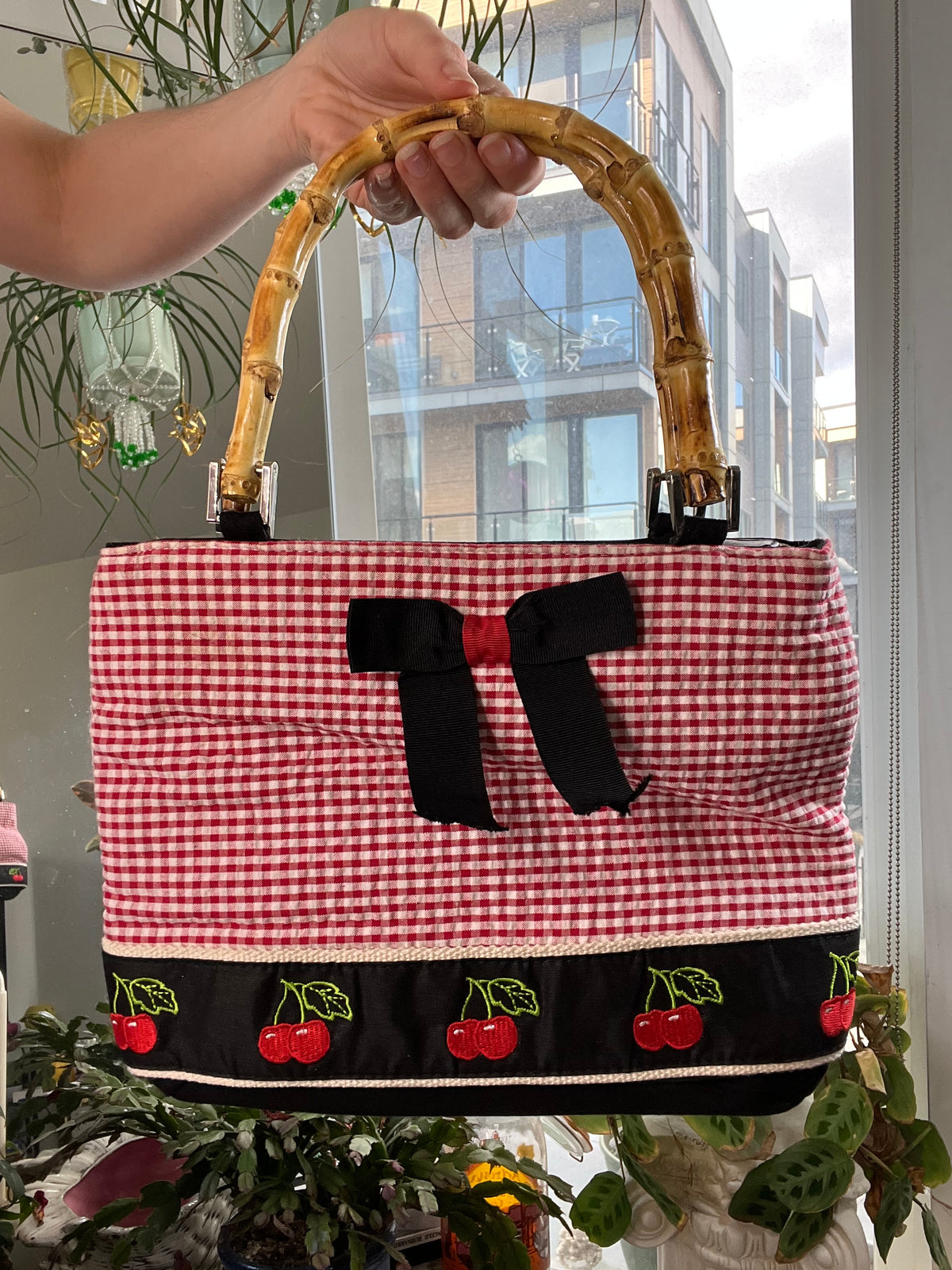 Vintage 2000s Gingham Cherry Bag by Elektra Vintage featuring bamboo handles and a classic retro style.
