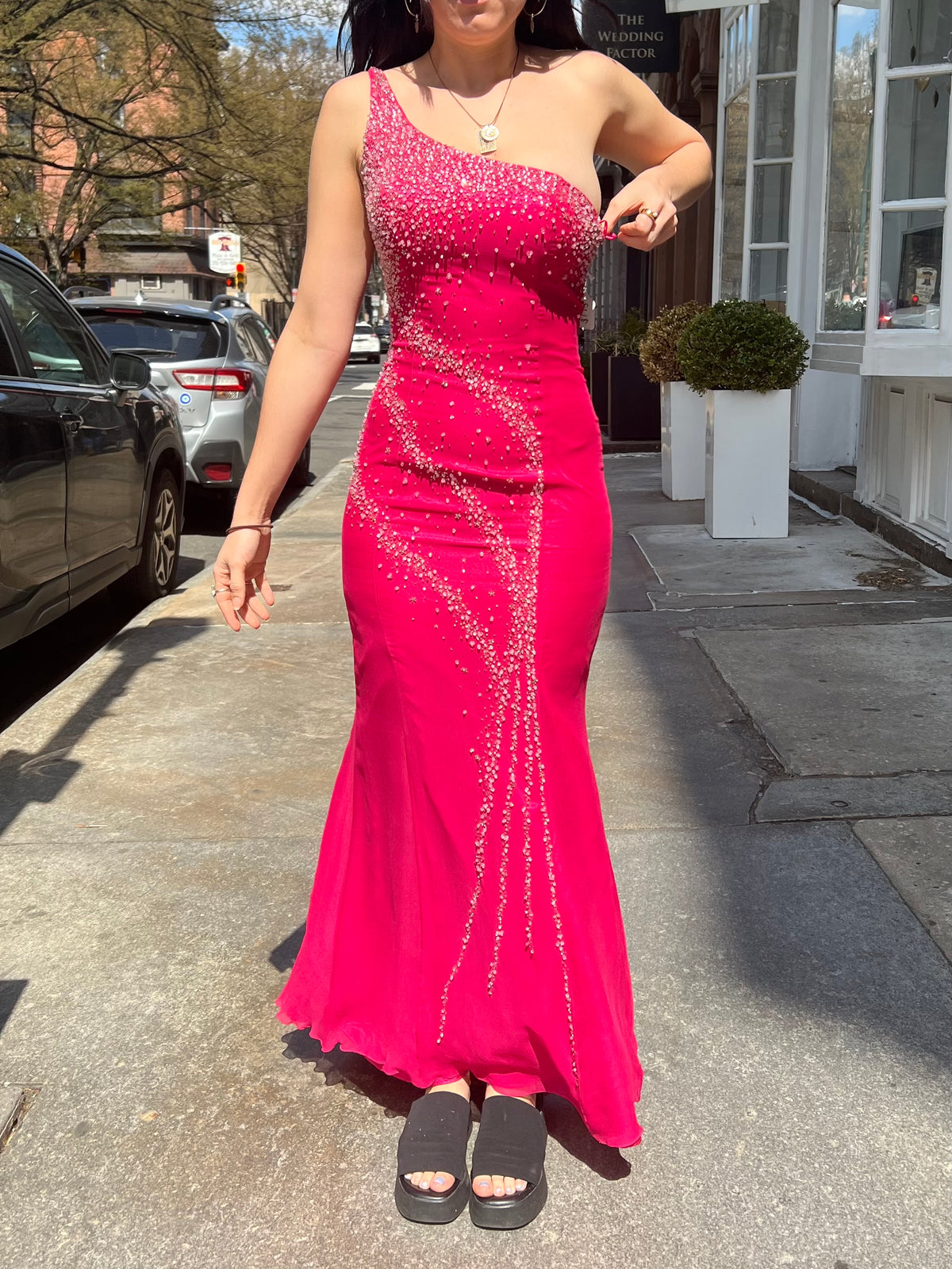 Vintage 2000s hot pink silk one-shoulder mermaid evening gown with beaded details by Elektra Vintage