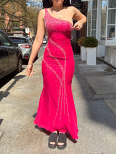 Load image into Gallery viewer, Vintage 2000s hot pink silk one-shoulder mermaid evening gown with beaded details by Elektra Vintage
