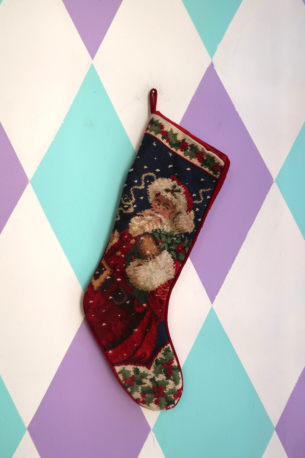Vintage Needlepoint Santa Christmas Stocking