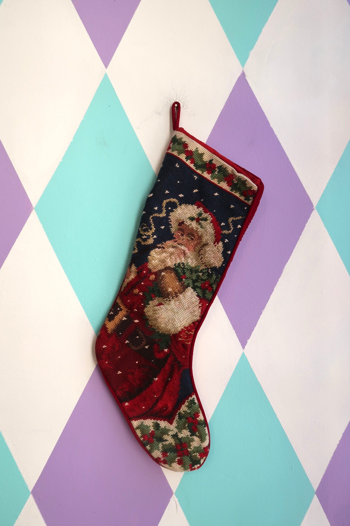 Vintage Needlepoint Santa Christmas Stocking