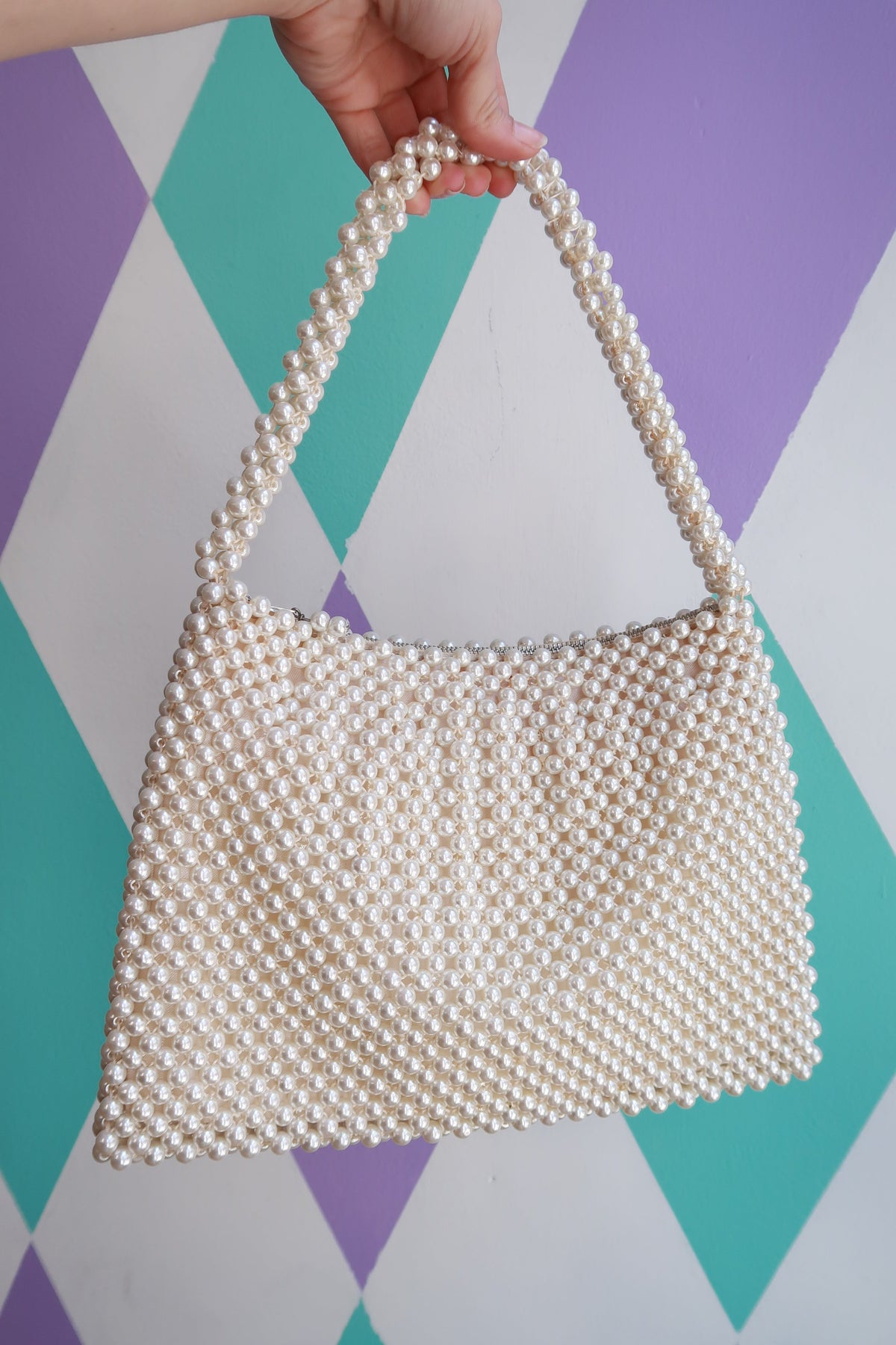 Vintage 1960s Ivory beaded pearl handbag with top handle, elegant evening bag by Elektra Vintage, classic retro style.